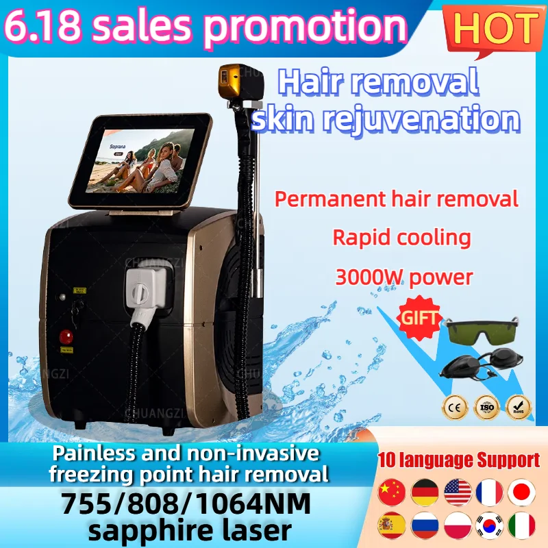 

6.18 Portable 808 3wave Diode Laser Permanent Hair Remove Fast Depilation Painfree Follicle Penetration Skin Rejuvenation Device