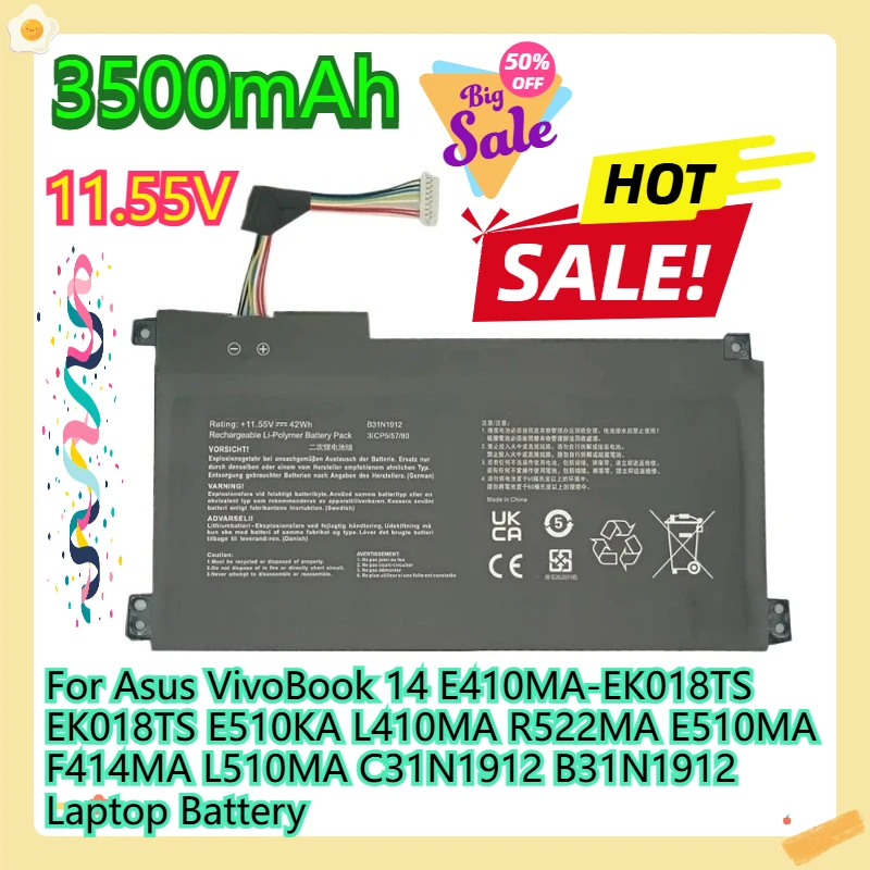

For Asus VivoBook 14 E410MA-EK018TS EK018TS E510KA L410MA R522MA E510MA F414MA L510MA C31N1912 B31N1912 Laptop Battery