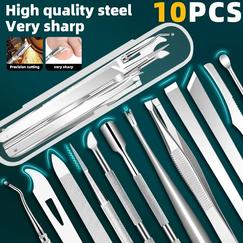 Pedicuregereedschapset van roestvrij staal, 10 stuks, precisie-manicuremes voor dode huid, eeltverwijdering, voetverzorging, inclusief nagelvijl
