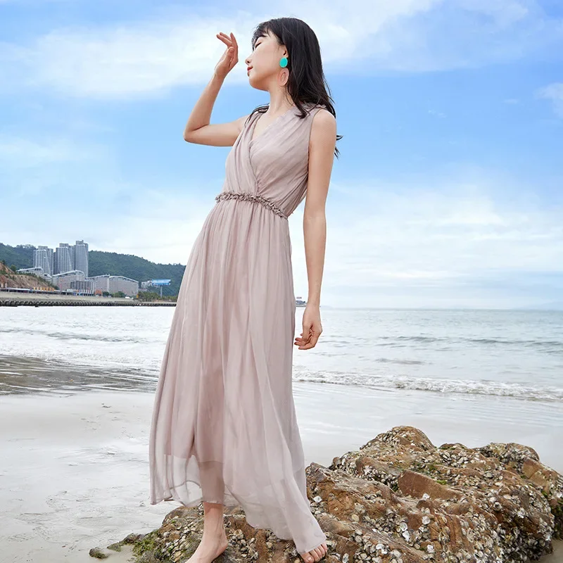 Small Ear Edge Silk Dress Long Silkworm Silk Sleeveless V-neck Dress