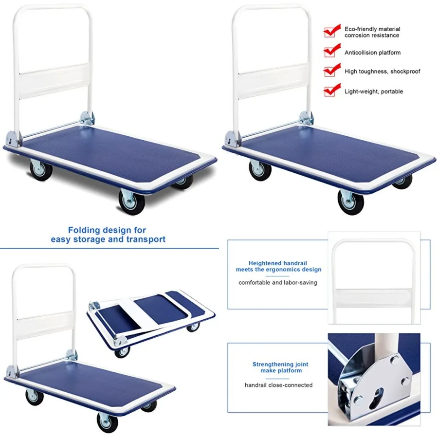 

5 660lbs Platform Cart Dolly Folding Foldable Moving Warehouse Push Hand Truck, Blue, 35.5inch x 24inch Baseboard