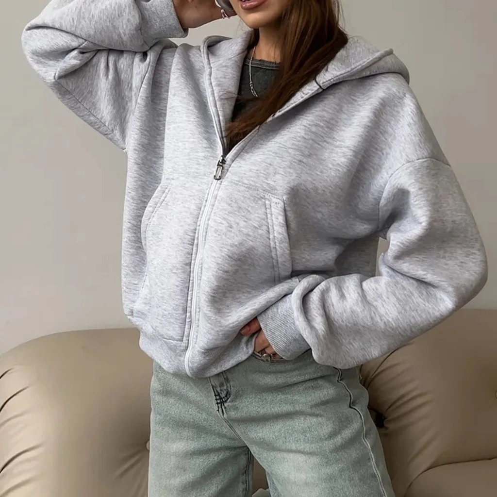 

Classic Women's Spring Autumn Hooded Sweatshirt Long Sleeve Solid Color Zip Up Hoodie with 2 Pockets