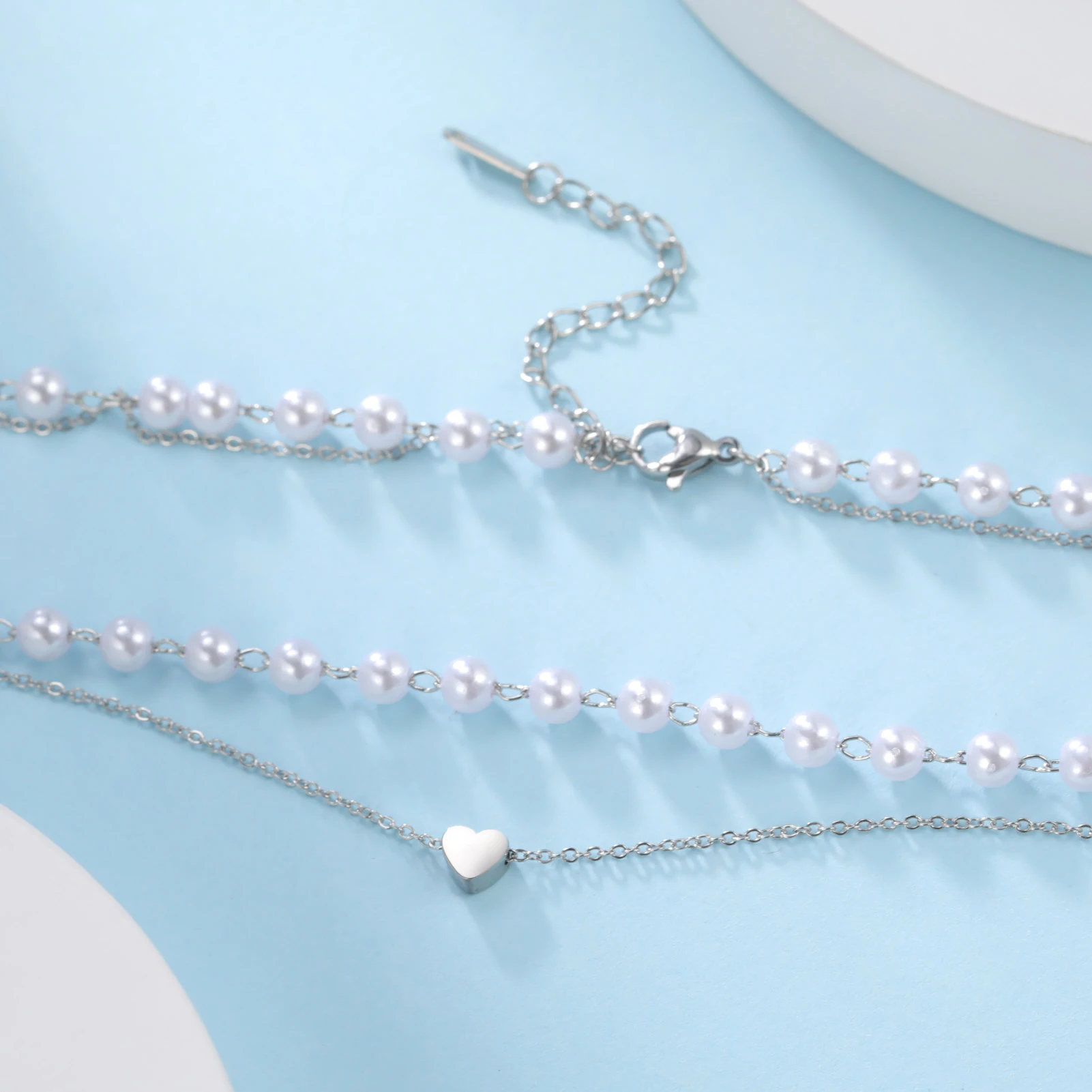 Teamer Popular Beads Neck Chain Imitation Pearl Choker Necklaces Women Stainless Steel Heart Chocker Jewelry On The Neck Pendant