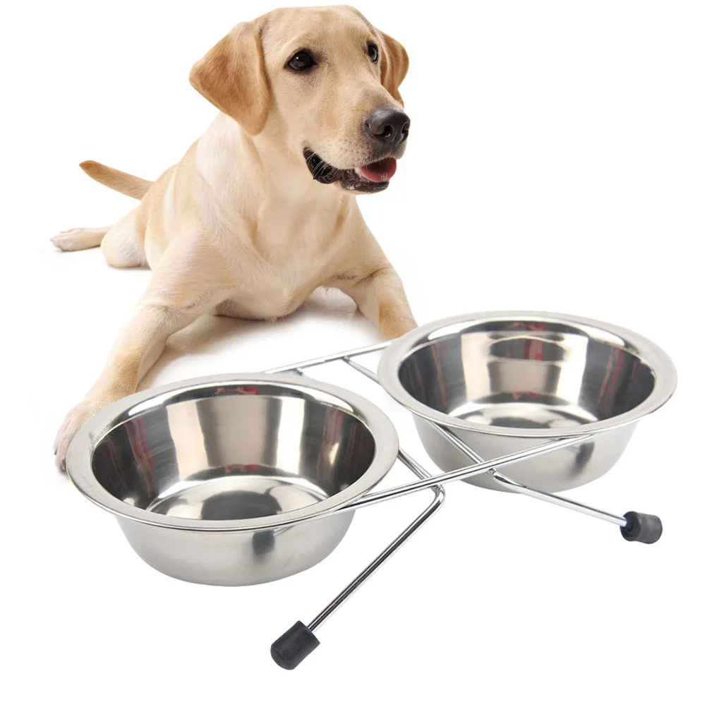 

Anti-Slip Dog Bowl Stainless Steel Food Water Feeder Double Pet Bowls Non-Slip Rubber Feet Durable Frame Pet Supplies