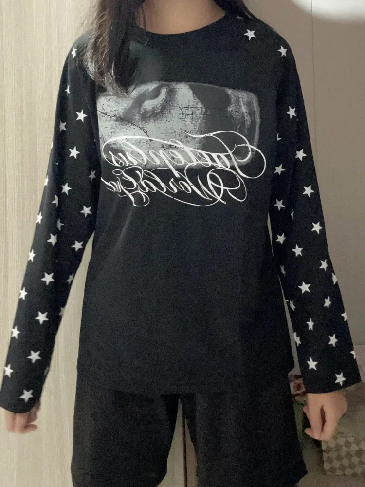 Vintage Goth Harajuku 2000s Stars Letters Print Patchwork Long Sleeve T-Shirt Women Clothing Autumn Y2k Subculture Grunge Tops