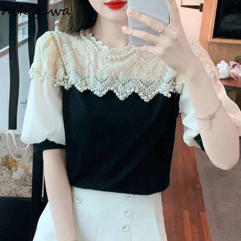 Contrast Color Blusas De Mujer Short Sleeve O-neck Blouses for Women Patchwork Lace Beading Tops Puff Sleeve Sweet Summer Shirts