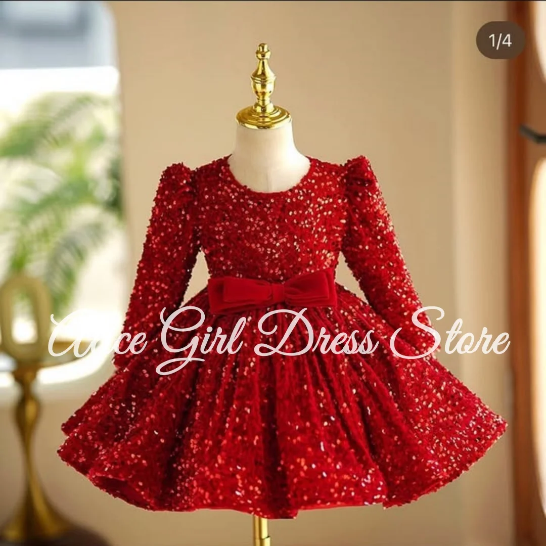 فساتين فتاة الزهور الحمراء المخصصة لحفلات الزفاف مع الأقواس اللامعة والترتر بطول الركبة أول مناولة للأطفال فساتين حفلات أعياد الميلاد