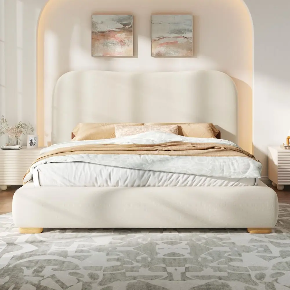 

Queen Size Cloud Bed Frame, 7.1 Thick Curved Headboard, Soft Rounded Corners Kid amp Pet Safe Design, Modern holstered Platfo