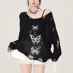 See Through Black Gothic Print T-shirt Harajuku Women Korean Y2k 2000s Vintage Y2k Long Sleeve Blouse Thin Party Clothing Tees