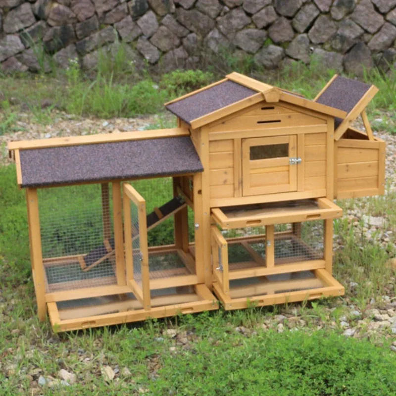 Outdoor Solid Wood Double Cat House Large Rabbit Chicken Cage with Button Closure Rain Sun Protection for Pets Including Dogs