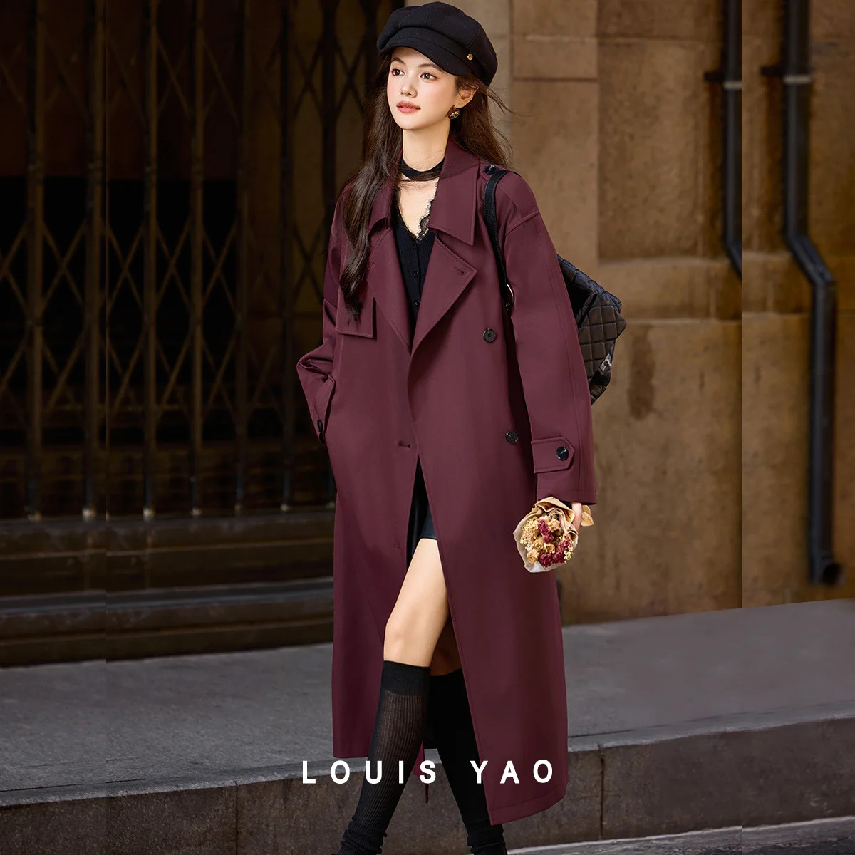LOUIS YAO Burgundy British-Style Trench Coat 2025 Autumn Top Slouchy Loose-Fit Women's Jackets Long-Length Women's Cardigan