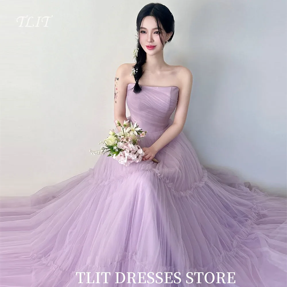 

TLIT Elegant Light Purple Tulle Evening Dress Korea Wedding Dress Photo Shoot Strapless Prom Gowns Customized Sleeveless Gowns