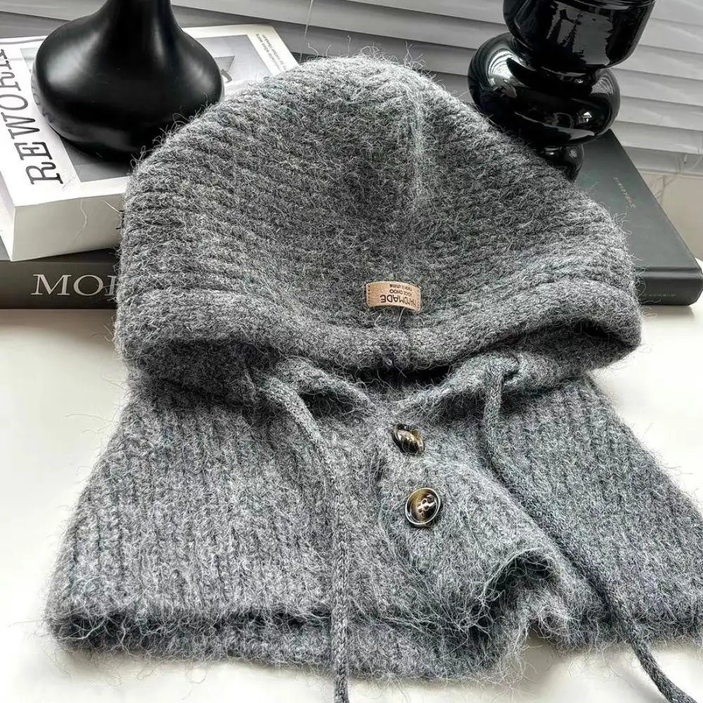 Winter Beanie Hats One-Piece Knit Wool Balaclavas Hooded Caps Korean Style Women's Winter Hood Neck Warmer Cycling Beanies Caps