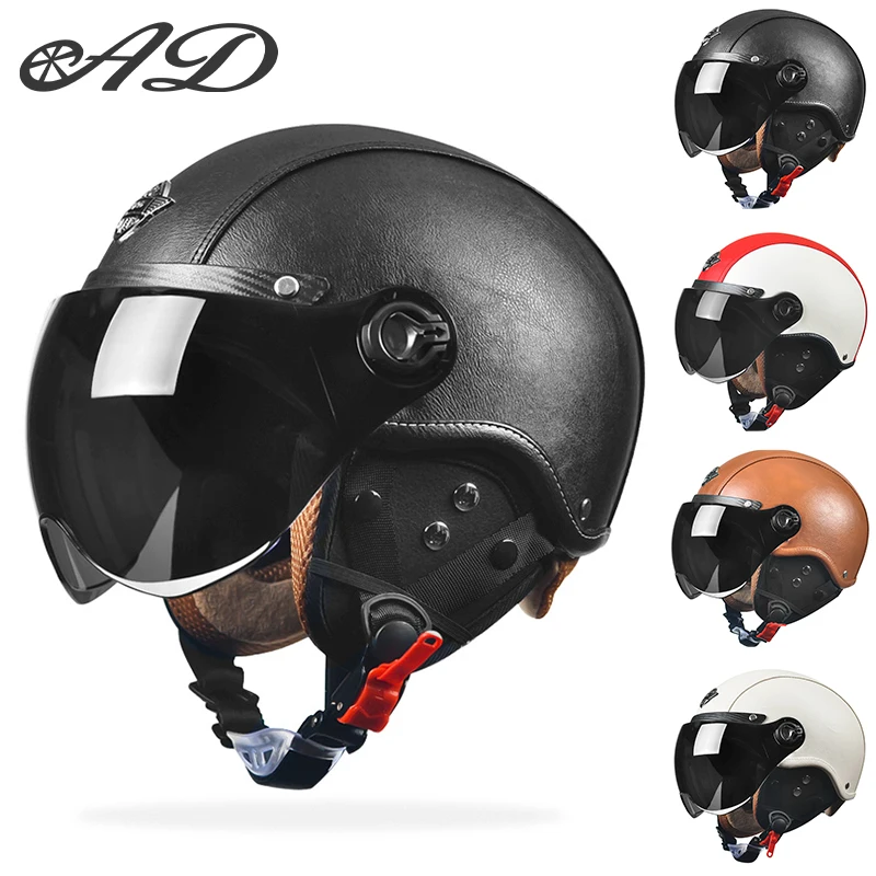 AD Retro Motorcycle Helmets with Harley Visor Leather Helmet for  Electric  Motorbike Vintage Protected Motor Safety Cap  Unisex