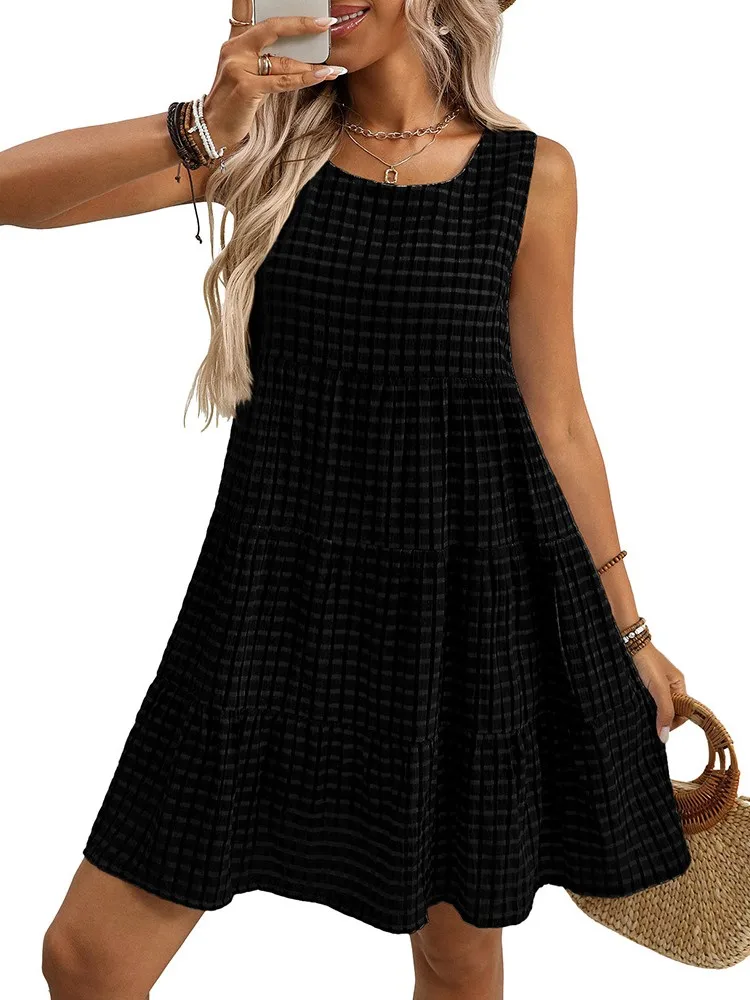 Casual Solid Color Lunch Break Hollow Vest Dress 2026 Spring And Autumn New Fashion Round Neck Plaid Women's Knee-length Skirt