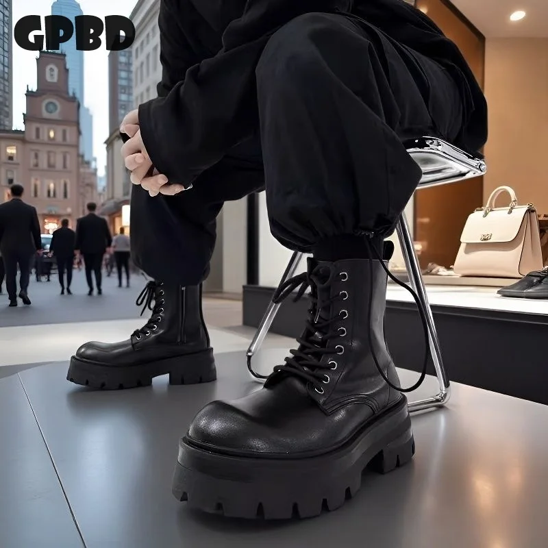 

GPBD Thick-soled Men's Chelsea Boots 2025 Autumn New Style Trendy High Top Zipper British Boots Thick Soled Filled Leather Boots