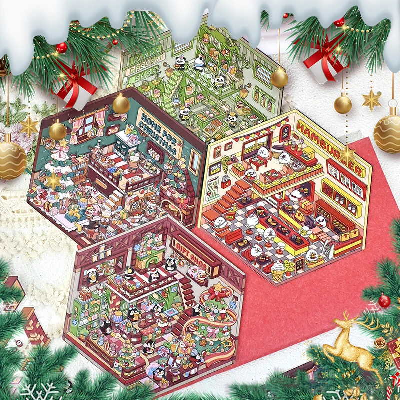 Christmas Theme DIY 3D Sticker Cartoon Pocket Cabin Scene Stacking Pasting Festival Birthday Gift For Kids Student