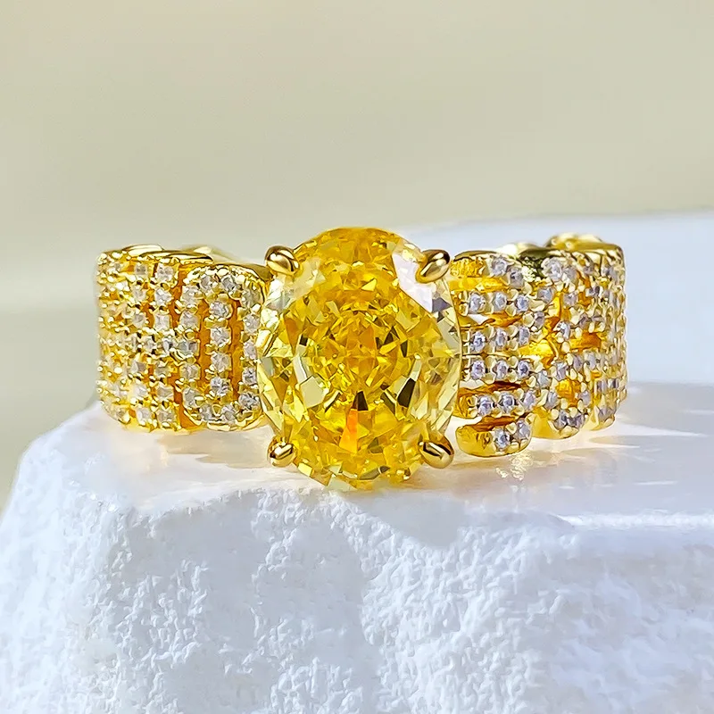 S925 Silver Inlaid Zircon High Carbon Diamond Wealth Rising Ring 7 * 9 Lucky Yellow Diamond Hot Selling Jewelry Fashion