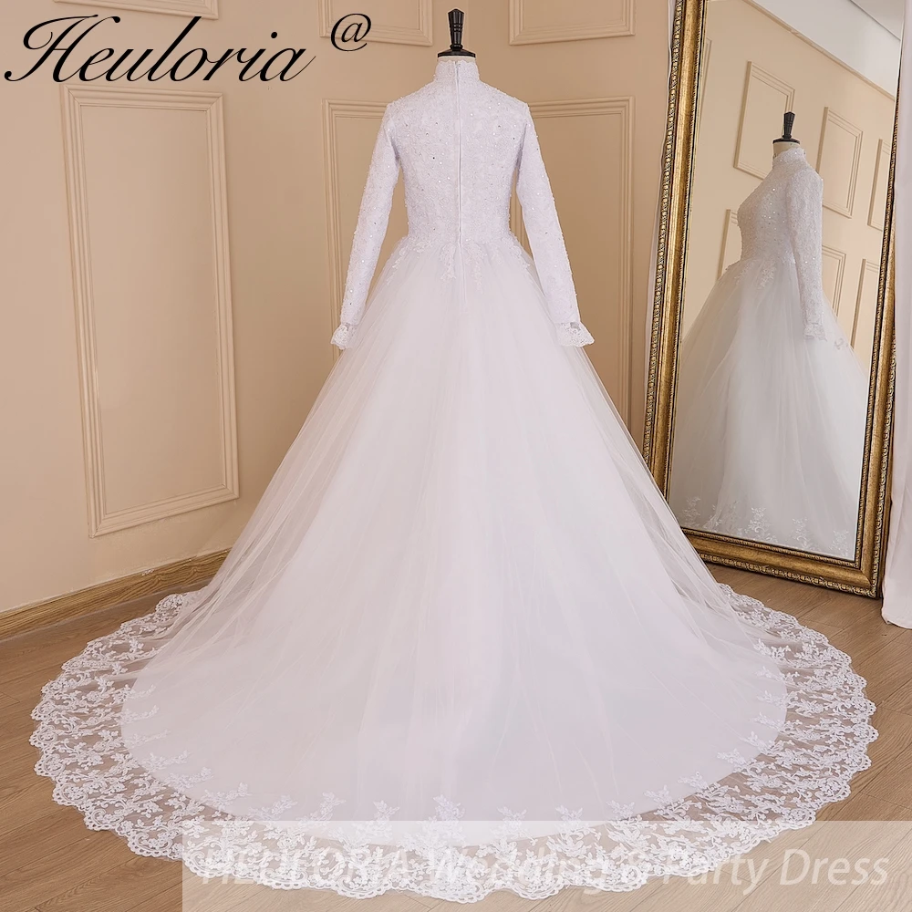 HEULORIA Muslim Wedding Dress long sleeve bride dress high neck plus size robe de mariee Lace beading  Bridal Gown