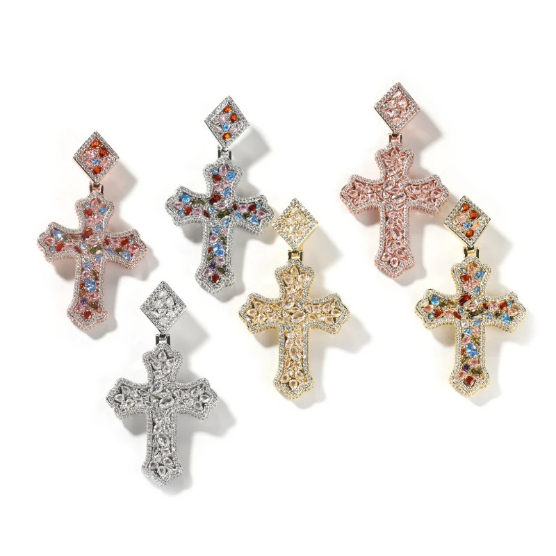 Хип-Хоп Красочные CZ Камень Проложенный Bling Iced Out Крест Подвески Ожерелье для Мужчин Рэпер Ювелирные Изделия Розовое Золото Серебро Цвет