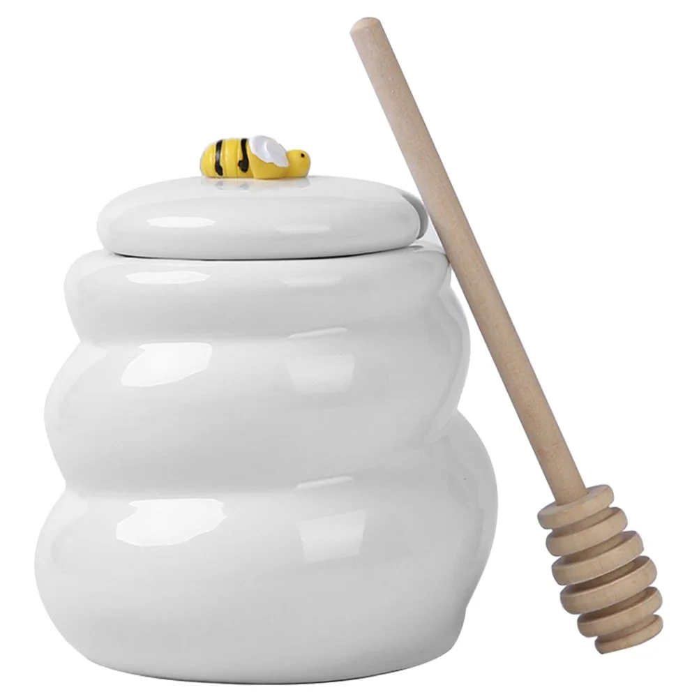 Bee Honey Pot Candy Dispenser Syrup Jars Ceramic with Cover Lidded Container Wood Ceramics Storage Small Bottle