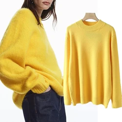 Maxdutti French Fashion Sweaters Elegant Yellow Color Round Neck Wool Sweaters Women Winter Pullovers Tops