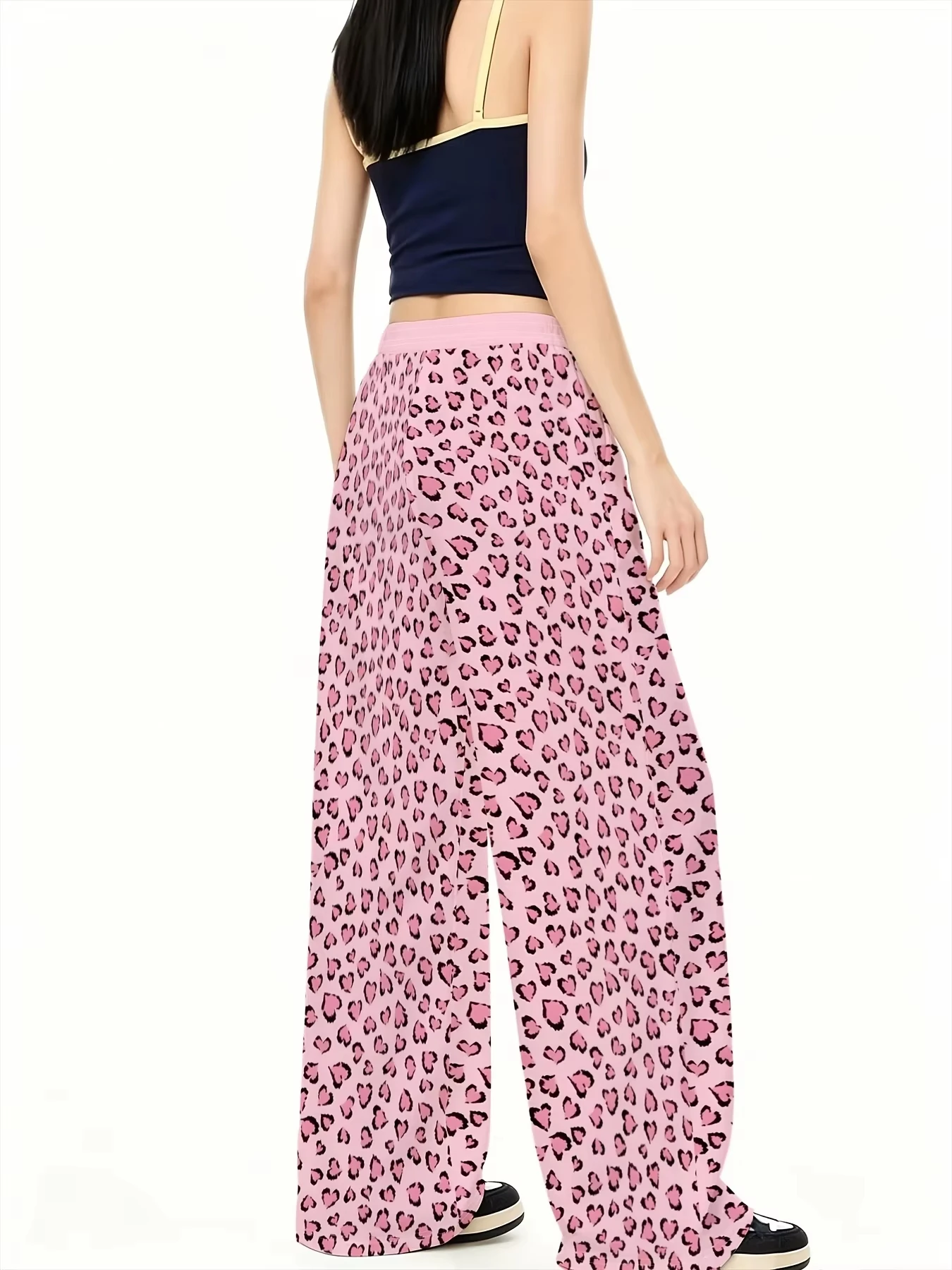 2026 Hotsale Women Pink Leopard Print Wide Leg Pants, Elastic Drawstring Waist Loose Baggy Y2K Streetwear Casual Trousers