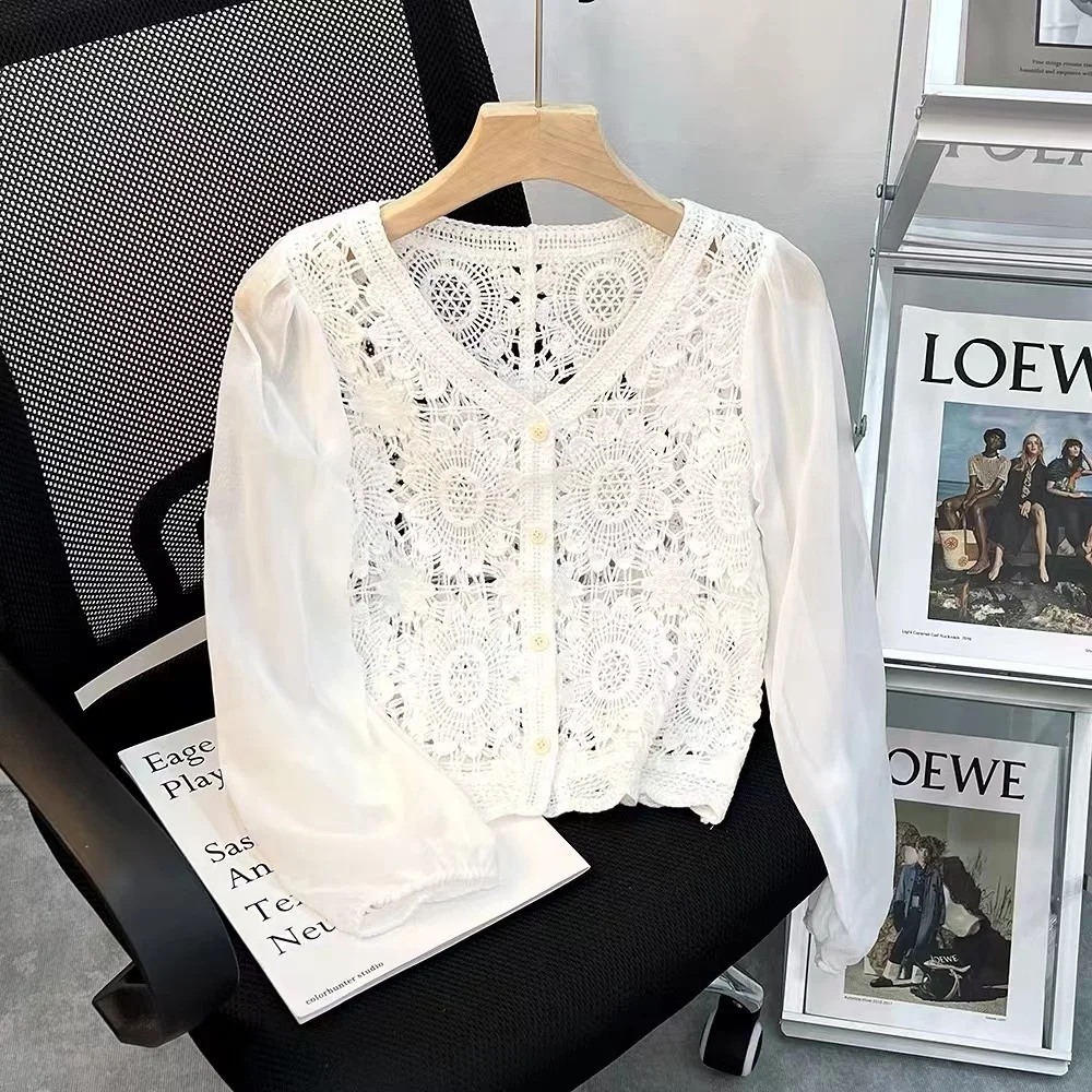 Women Tops Vintage Floral Embroidery Crochet Knit Top with Chiffon Sleeve Crop Shirts Sheer Blouses Fairycore Cottagecore Outfit