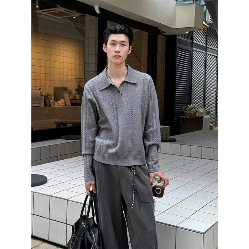 

Heavyweight Knitted irt Men's Sle with Wheat Ear Pattern Embroidery Long Sve Turn-down Collar T-irt by 6EME NORD