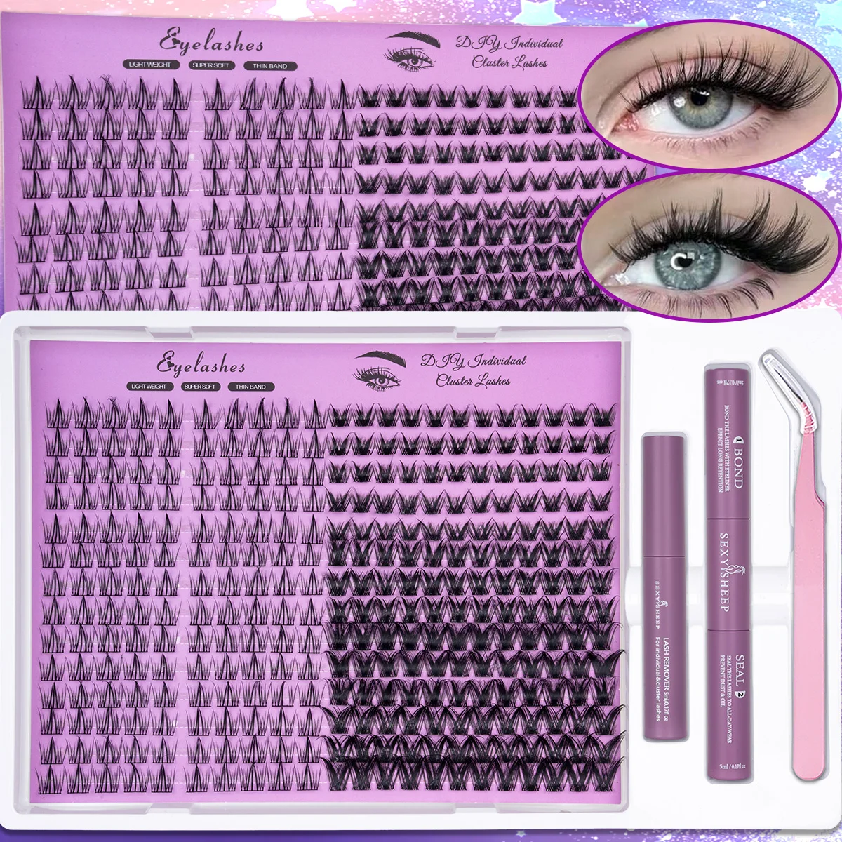 Wimpernbüschel-Set, verschiedene Stile, große Kapazität, Manga-Einzelwimpern-Set mit Kleber, Versiegelung, Entferner, Pinzette, Make-up – Detail 8