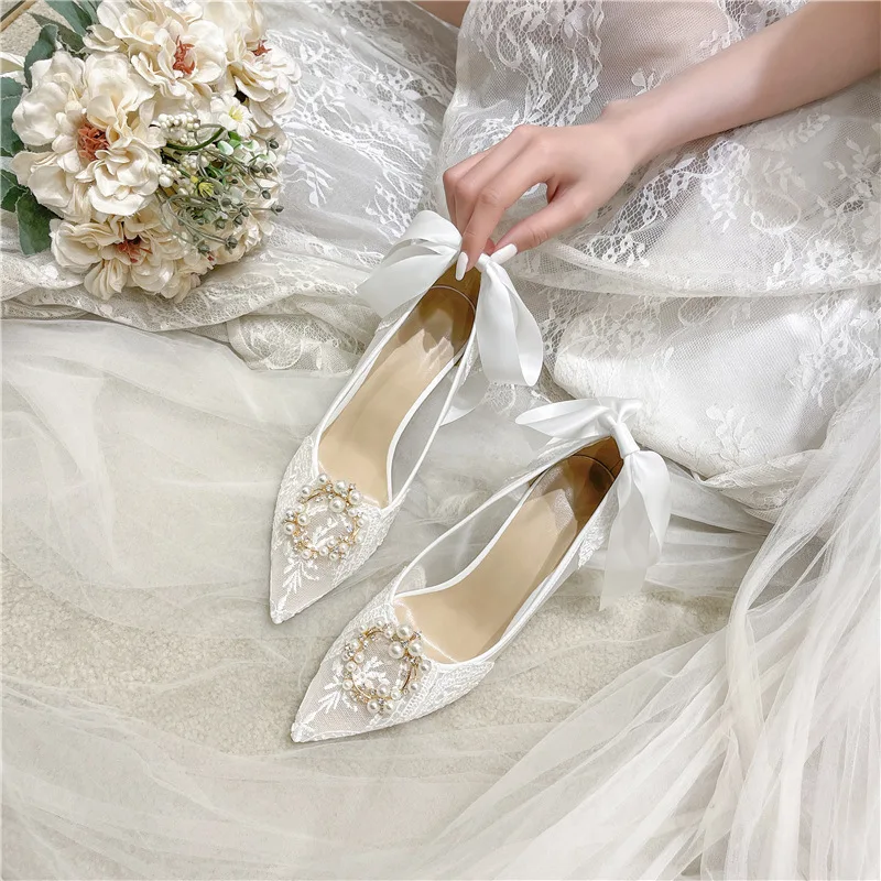 

Spring and summer pointed shallow lace mesh ribbon bow pearl buckle wedding shoes banquet dress thin high-heeled women's shoes