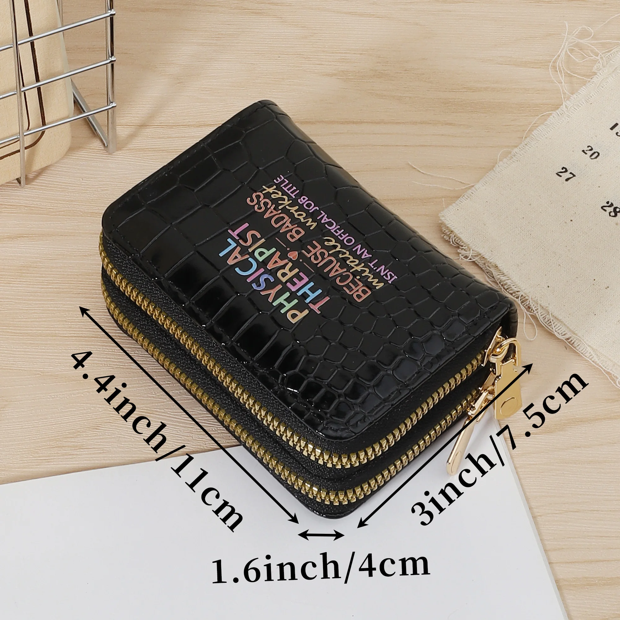 محفظة نسائية قصيرة متعددة الاستخدامات، سحاب مزدوج حول محفظة القابض، حامل بطاقات منقوش على شكل تمساح خفيف الوزن #6