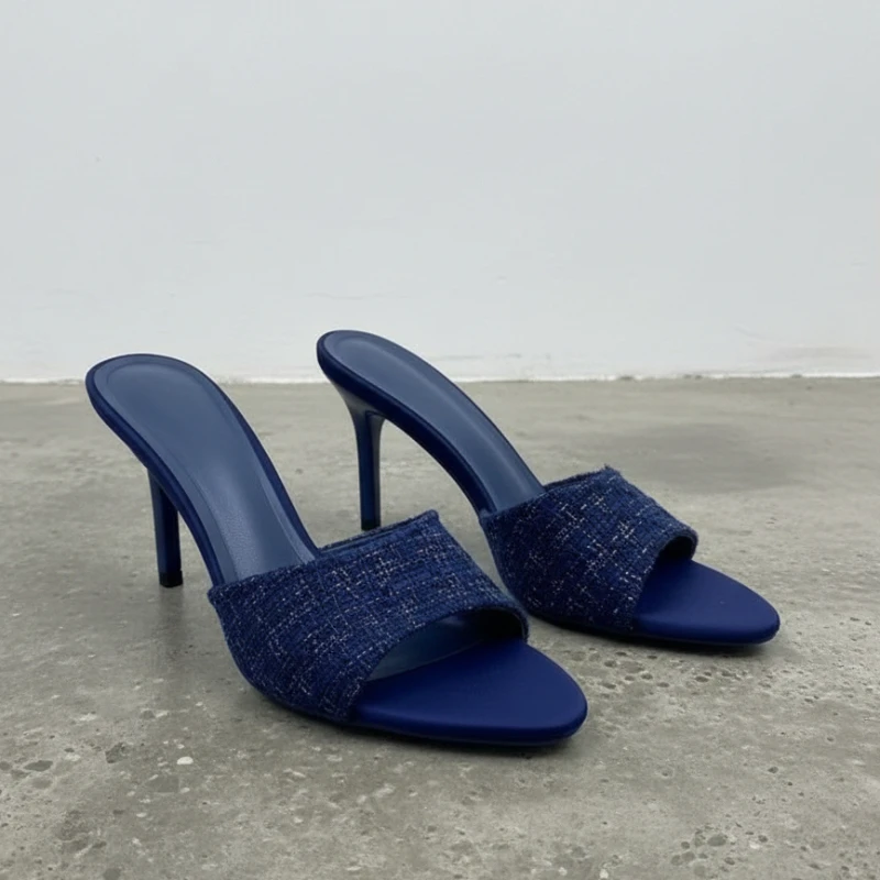 

Blue Tweed Stiletto High Heel Mules Women Sexy Open Toe Slides Sandals Elegant Party Evening Dress Shoes Slippers