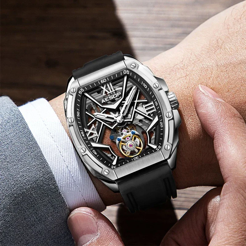 

Aesop персонализированные спортивные часы с турбийоном для мужчин, двусторонние резные полностью полые сапфировые механические наручные часы