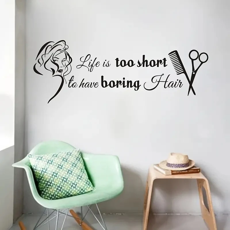 Barber Shop Decals Hair Stylish Wall Stickers Quotes Women Bedroom Decor Hair Salon Signboard,Life Is Too Short To Have Boring