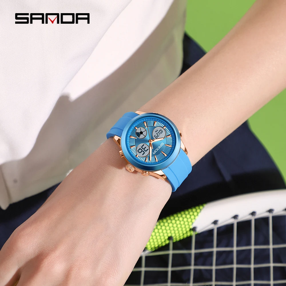 SANDA nuevo 9105 reloj electrónico de moda para hombres con pantalla Dual y luz nocturna impermeable multifuncional para hombres 2025