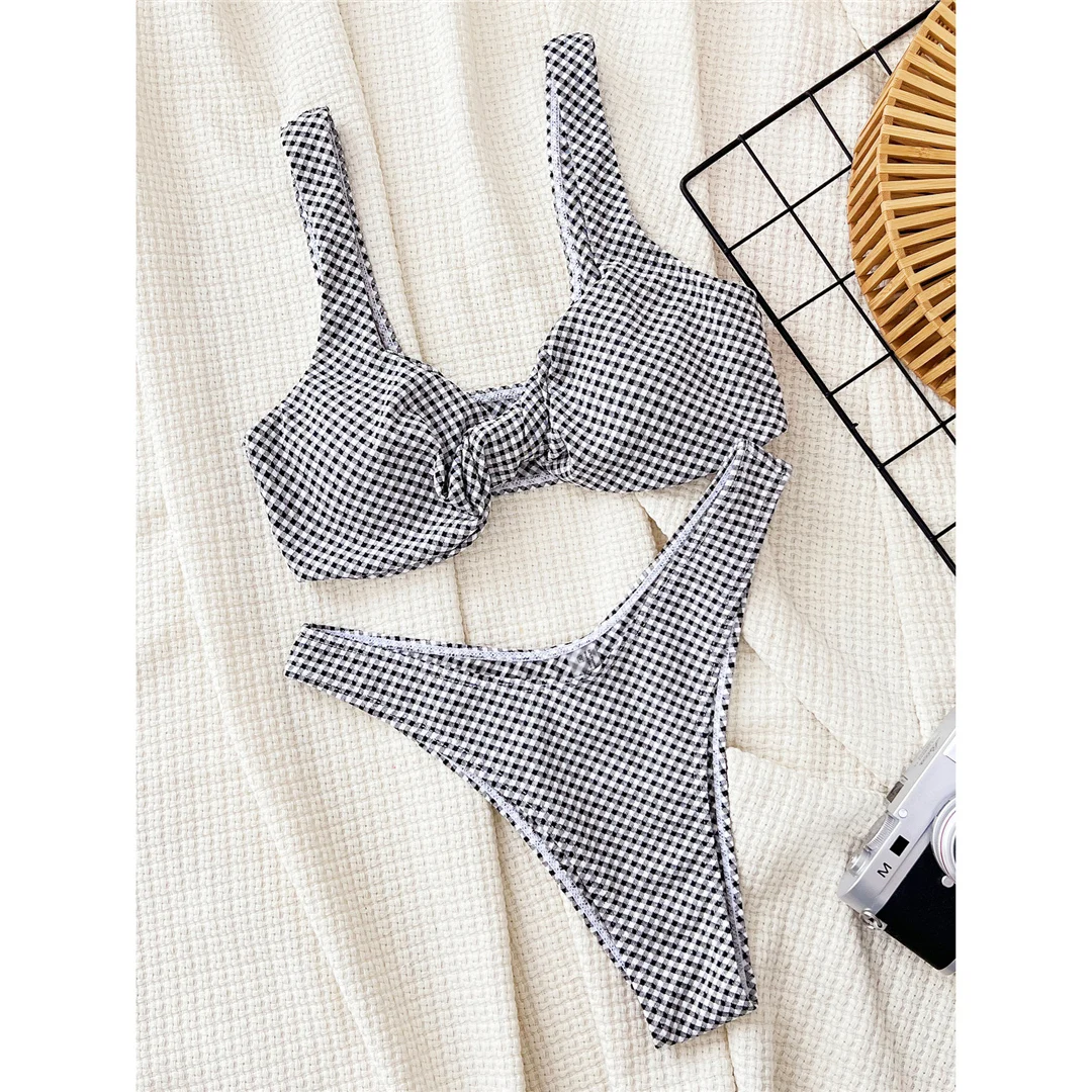 Schwarz-weiß kariertes, brasilianisches High-Cut-Bikini-Set, zweiteiliger Badeanzug für Damen, Badebekleidung, Badeanzug, Schwimmbekleidung V5832 – Detail 9