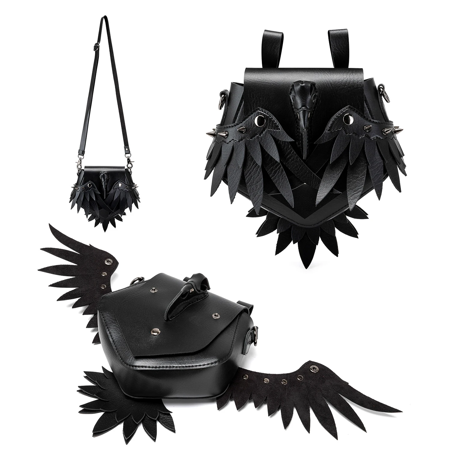 Gothic Raven Wing Crossbody Bag, Dark Punk Spike PU Small Shoulder Sling Purse, Subculture Waist Fanny Pack for Halloween Cospla