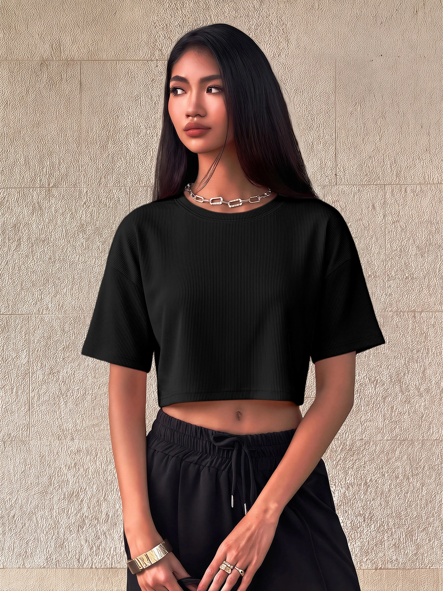 Ladies Vertical Rib Knit Cropped Tee Crew Neck Short Sleeve Solid Color Workout Casual Crop Shirts