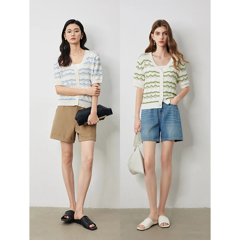 TOYOUTH Women knitwear Tops 2024 Summer New Wave Striped Linen Single Breasted Button Short Sleeve V-neck Short Cardigan