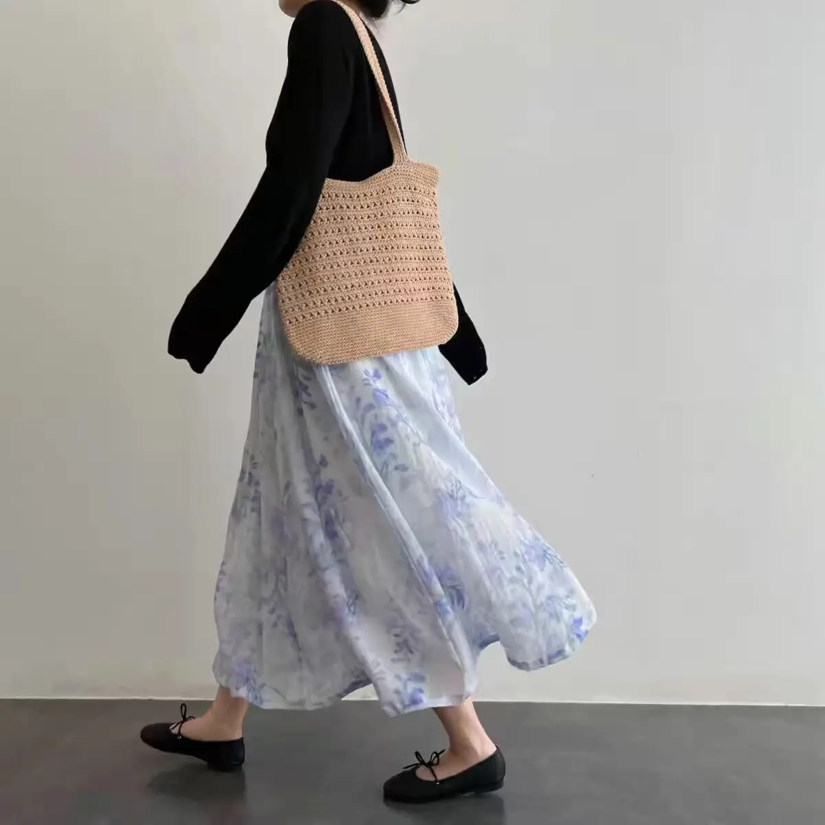 Slimming A-Line Midi Skirt Watercolor Print Thin Material No  Polyester And Flax Fabric Artistic Style Half-length Skirt