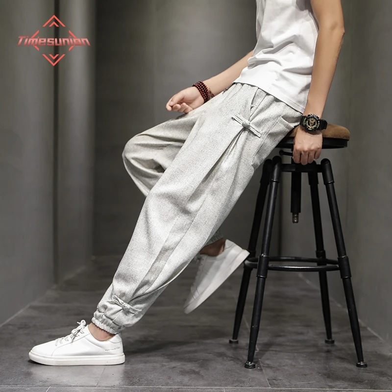 Spring and Summer Trend Disc Buckle Harem Pants Mens Breathable Cotton Pants for Men Buckle Casual Bloomers Fashion Trousers