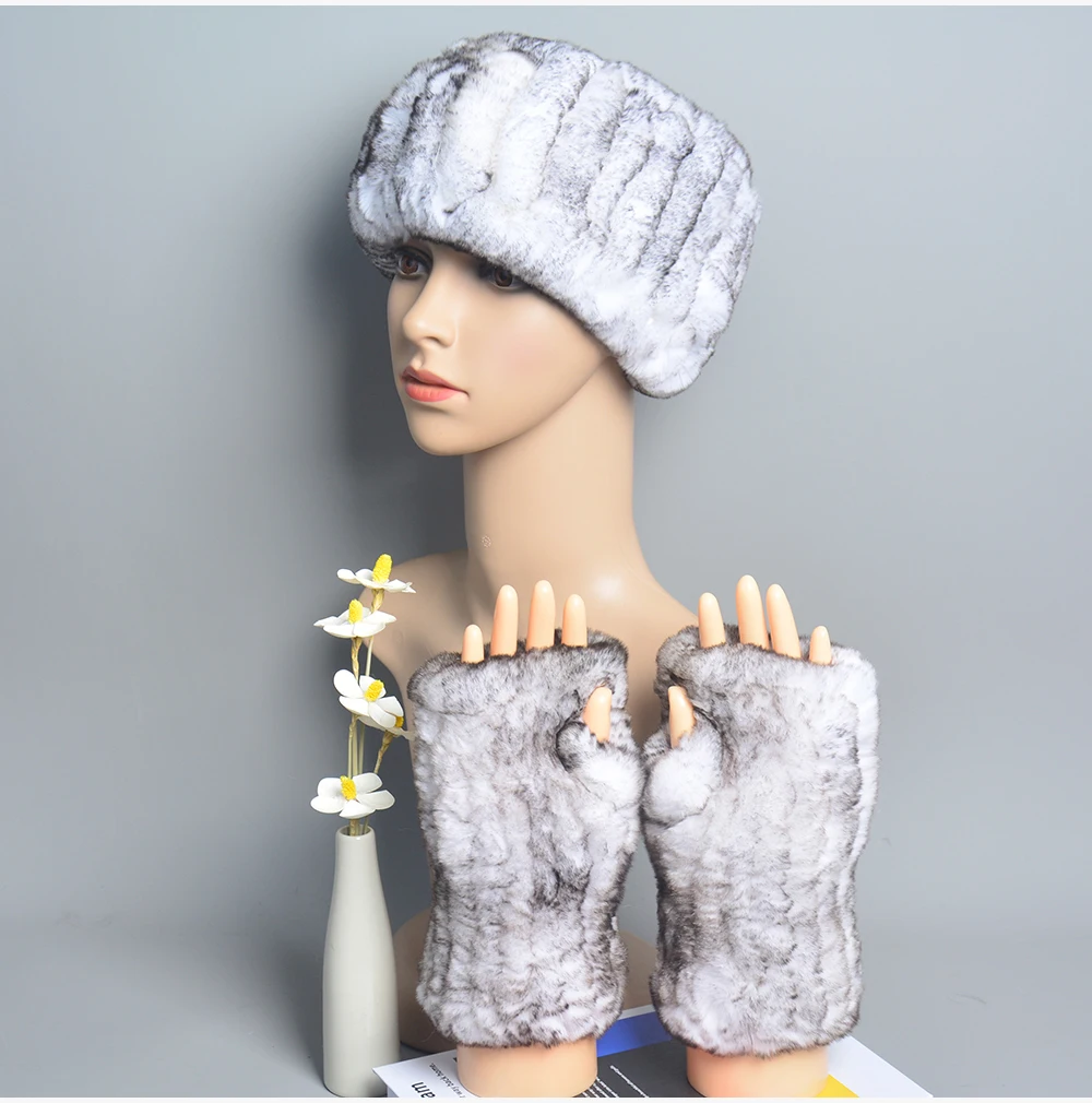 One Set Women Real Rex Rabbit Fur Cuff+Headband Winter Warmer Hat Arm Wrist Sleeve Gloves Female Real Fur Cap+Elastic Wristband