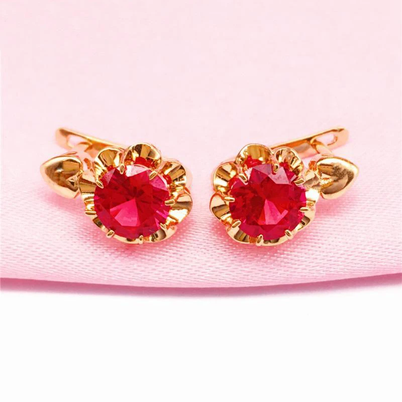 

585 purple gold plated 14K rose gold inlaid flower ruby earrings for women luxury charm elegant ear buckle wedding jewelry