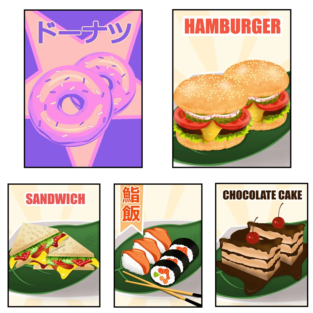 sushi, hamburger, ice cream, sandwich, donut, cake, ramen, yakitori aesthetic picture kitchen restaurant nordic decor poster