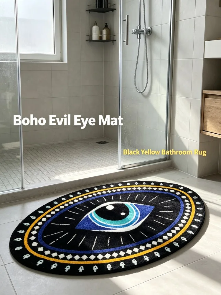 Oval Evil Eye Bathroom Rug Soft Plush Non‑Slip Doormat Bohemian Black Turkish Evil Eye Floor Mat for Bathroom Entrance Home Deco