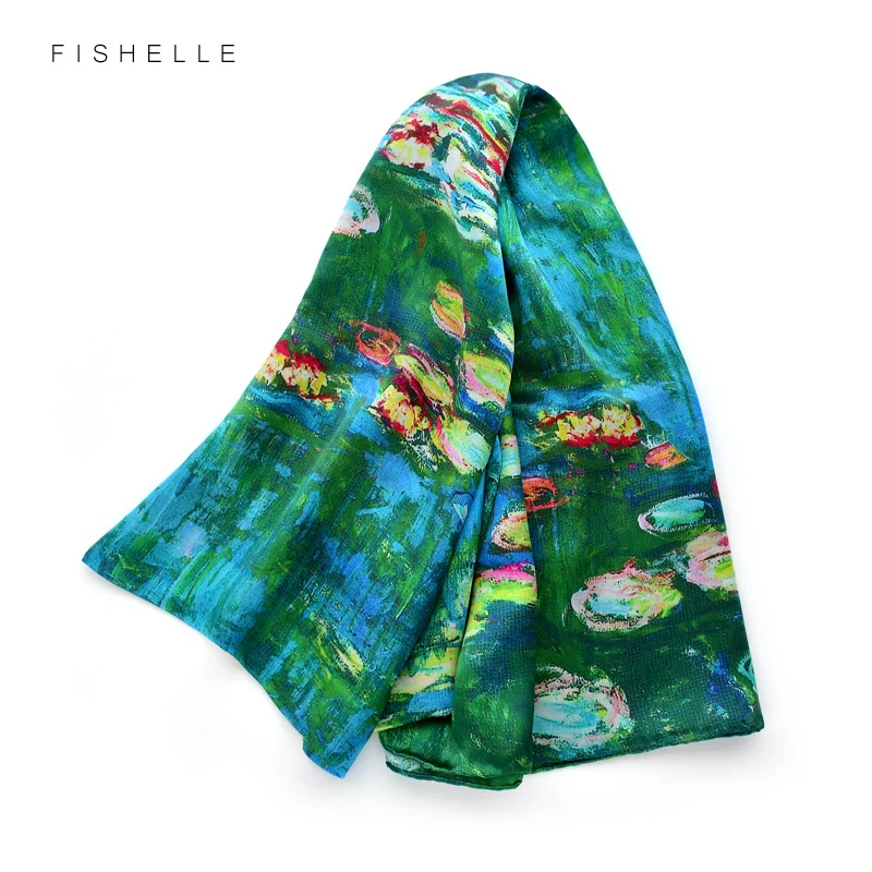 Blue green oil painting water lily natural silk scarf female wrap real silk scarves ladies summer autumn women shawl