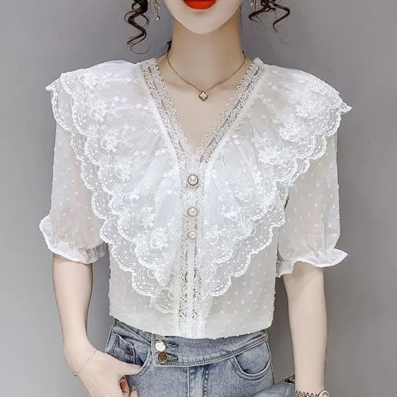 Elegant V-Neck Spliced Beading Lace Ruffles Princess Sleeve Blouse Women's Clothing 2023 Summer New Casual Pullovers Sweet Shirt