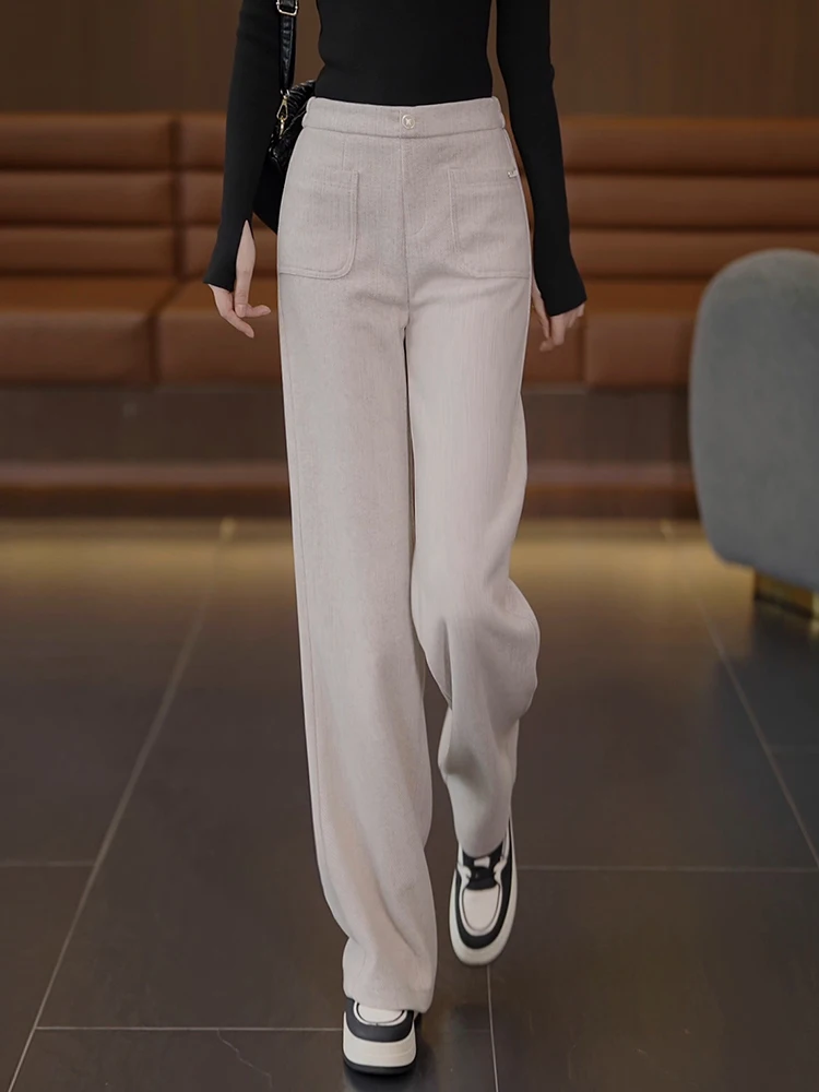 

Шерстяные брюки с высокой талией и широкими штанинами для женщин, повседневные, на флисовой подкладке, прямого кроя, осенне-зимняя новинка