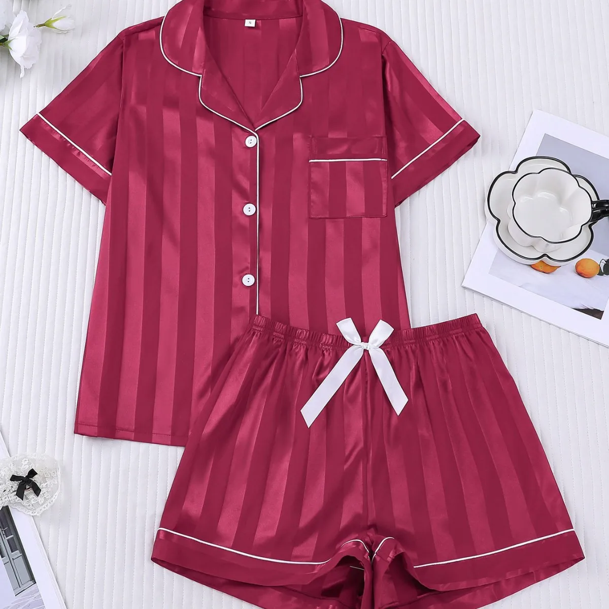 

Women Pajamas Set Casual Comfy Loungewear Lapel Collar Short Sleeve Top & Shorts Pajama Set Womens Outfits Pijama Mujer